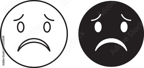 Black and white illustration of two sad face emojis with downturned mouths and eyebrows. isolated on white background, illustration