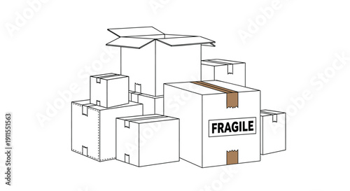 Stack of cardboard boxes with fragile label vector illustration isolated on transparent background
