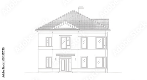 Vector illustration of a two-story house with a gable roof and chimney in a simple line drawing style