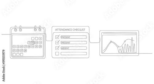 Vector illustration of a workflow diagram showing attendance tracking and data analysis on a computer