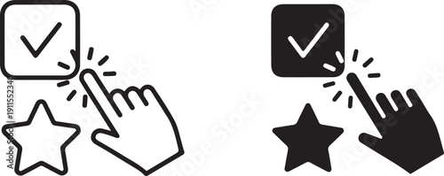 Selection icons featuring a hand cursor clicking a checkmark box and star symbol in two styles isolated on white background, illustration