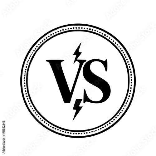 Black Versus VS Symbol or Emblem with Lightning Bolt in Decorative Circle Frame Illustration