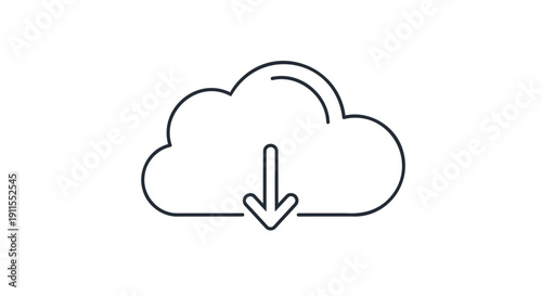 Vector cloud icon with downward arrow for data download, isolated on transparent background