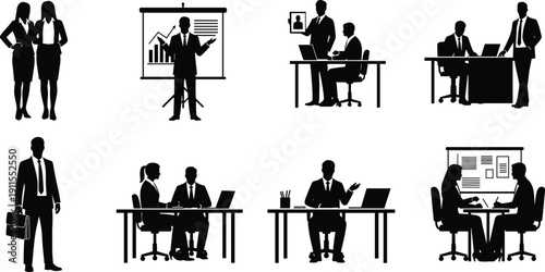 Black business people silhouettes in corporate office settings including meetings, presentations, teamwork, and executive desk work isolated on white background for financial concepts.