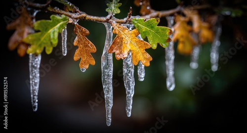 Icicles adorn autumn leaves on a branch