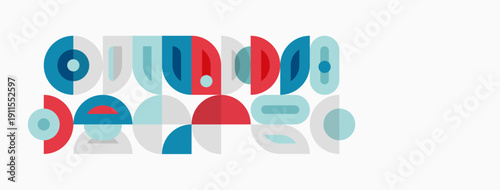 Abstract geometric shapes overlap, creating colorful visual pattern. Circles, squares, arcs form dynamic composition. Modern design aesthetic.