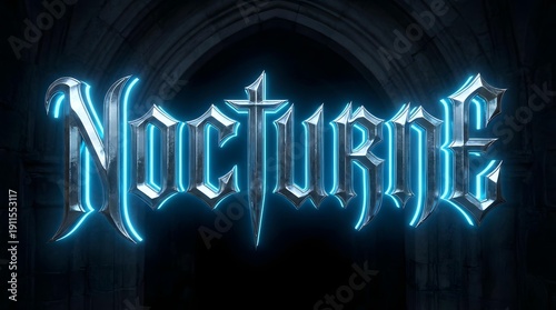 The word 'Nocturne' rendered in a metallic gothic font with a vibrant blue neon glow against a dark arched stone background.