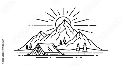 Vector illustration of a serene mountain landscape with a tent, trees, and a sun rising behind the peaks, isolated on transparent background