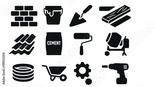 Construction icons set including tools and building materials vector