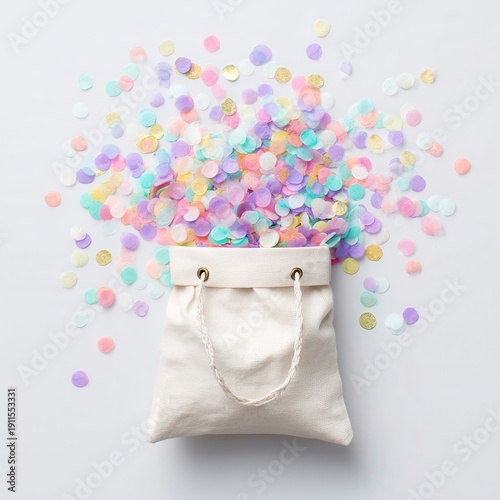 Colorful confetti spills from a small white bag on a light surface during a celebration or party activity