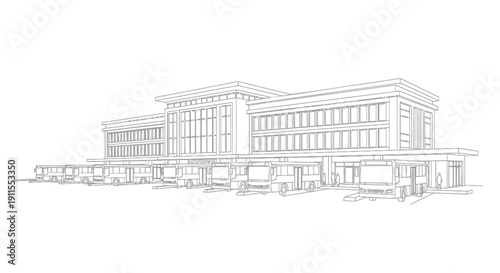 Vector illustration of a modern office building with glass facade and parking lot, isolated on transparent background