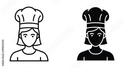 Female Chef Icons in Simple Line Art and Solid Black Styles