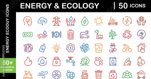 Collection of 50 icons representing energy and ecology concepts displayed on a white background from a straightforward viewpoint.
