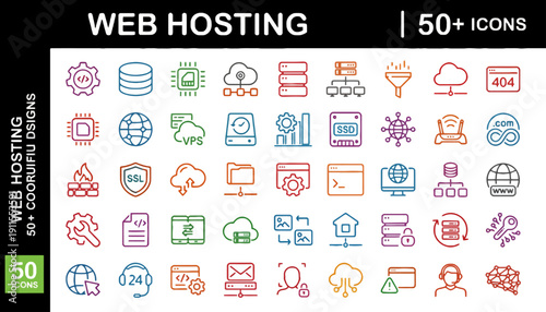 Collection of diverse web hosting icons in various colors and styles displayed on a clean white background from a straightforward viewpoint