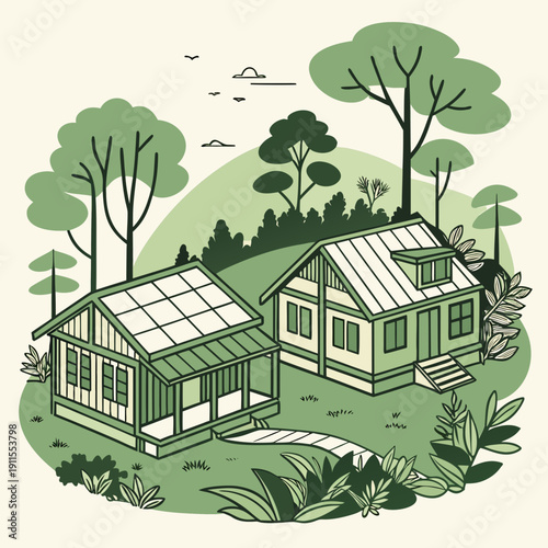 Modern Sustainable Bamboo Tech Housing Community with Earthy Colors, Eco-Friendly Architecture and Green Lifestyle