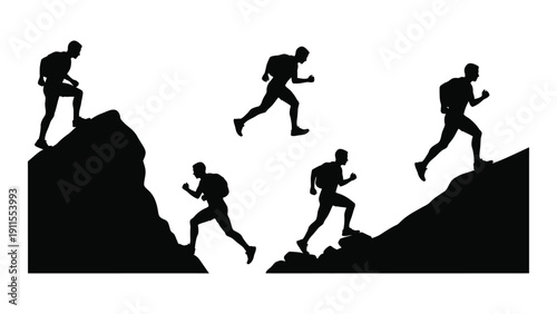 Silhouette of people climbing and running on a rocky mountain terrain Vector
