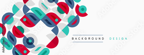 Abstract geometric shapes overlap, creating vibrant background. Colors include red, blue, teal, pink. Minimalist design feels modern, clean.