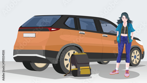 Concept presenter for sell news SUV car orange color. Empower Your Journey by modern Compact SUV for the ultimate urban adventure and weekend getaway lifestyle. Isolated grey background.