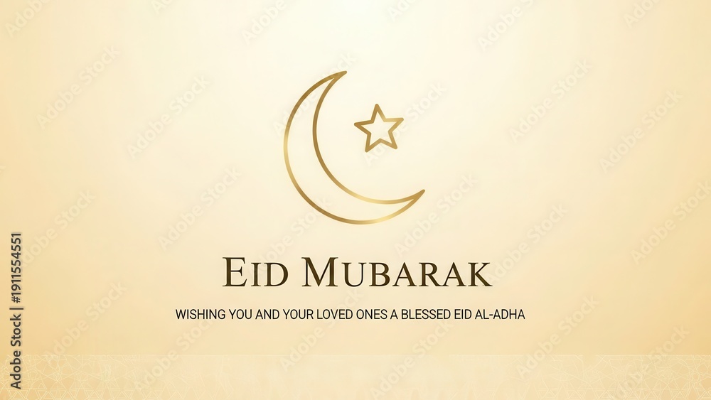 Fototapeta premium An elegant and serene minimalist golden graphic design, featuring a graceful crescent moon and star emblem alongside the prominent 'Eid Mubarak' greeting and a heartfelt wish for a blessed Eid