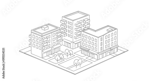 Isometric vector illustration of a modern city block with three buildings and trees isolated on transparent background