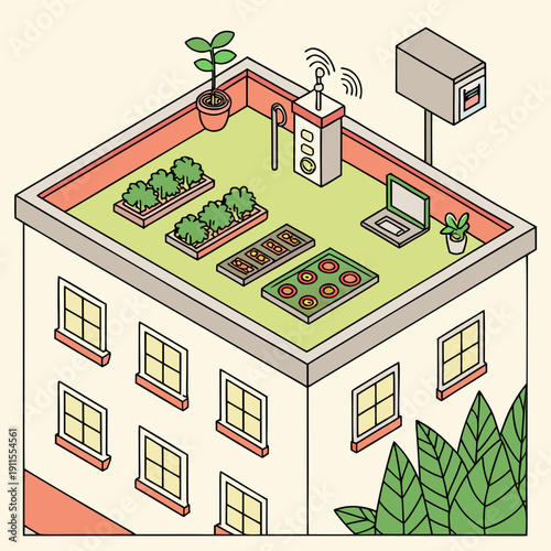 Vibrant Flat Design Illustration of Urban Farming Rooftop with Smart Sensors, Promoting Sustainable Agriculture and Green Living in the City.