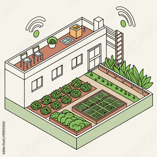 Vibrant Flat Design Illustration of Urban Farming Rooftop with Smart Sensors, Promoting Sustainable Agriculture and Green Living in the City.
