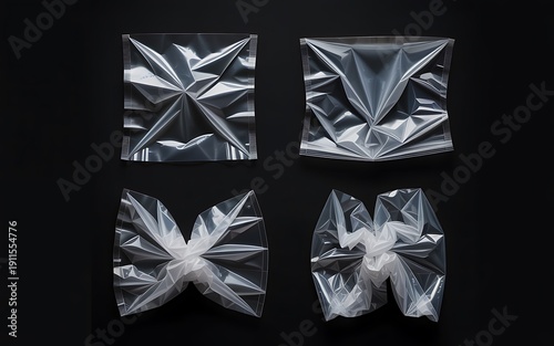 Crumpled Transparent Plastic Bags Isolated on Absolute Black, realistic clear bag textures, perfect for poster design, collage elements