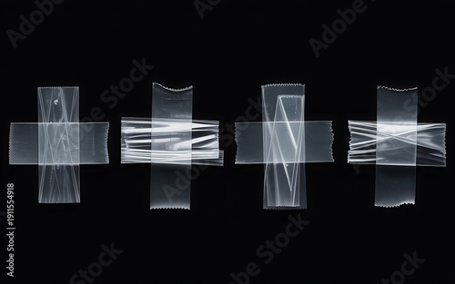 Cross Shaped Transparent Plastic Strips Isolated on Black Background, realistic clear adhesive overlays, perfect for poster design, collage elements