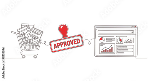 Vector illustration of shopping cart connected to approved stamp and dashboard graph on screen