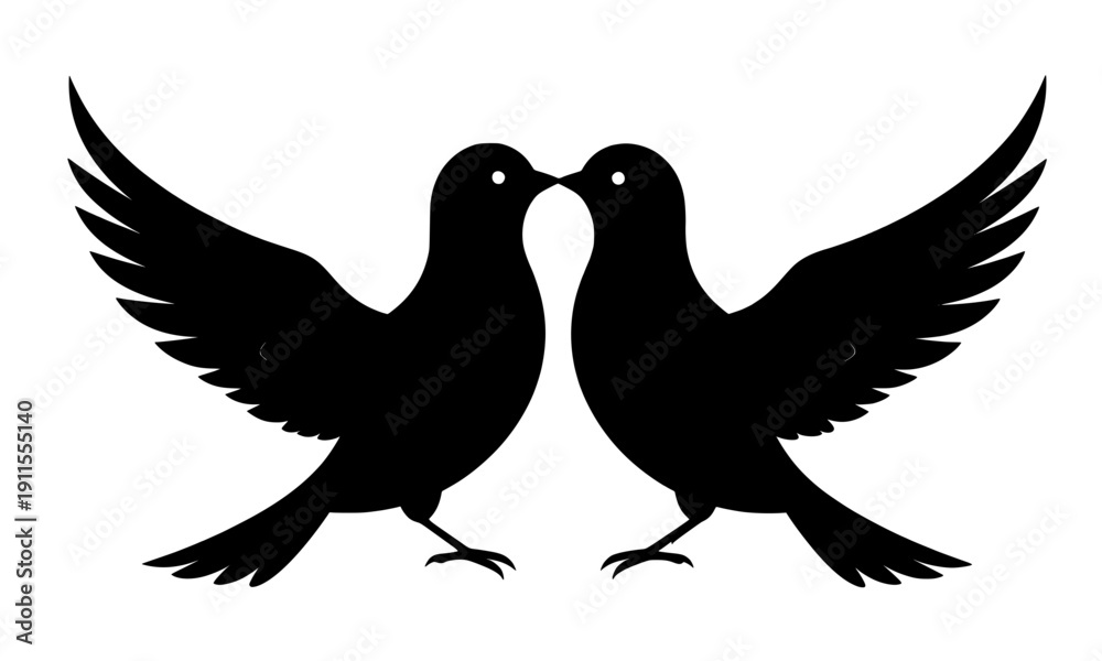 Obraz premium Two Love Birds Kissing Silhouette with Spread Wings Vector Illustration for Romance Wedding and Valentine Day Design