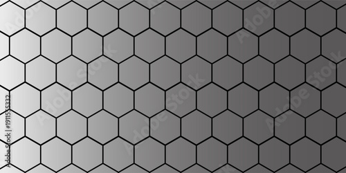 Dark grey abstract wide horizontal banner with hexagon carbon fiber grid and orange luminous lines. Technology vector background with orange neon lines