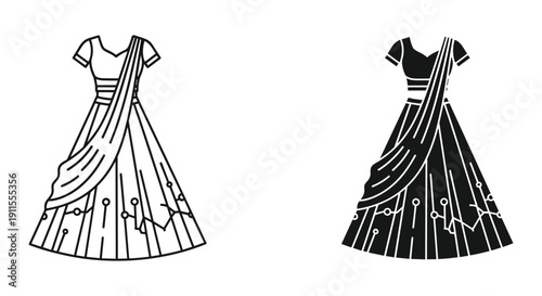 Elegant black and white striped evening gowns with lace sleeves vector illustration fashion design