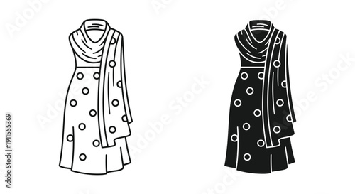 Fashionable polka dot dress illustration with scarf in black and white style