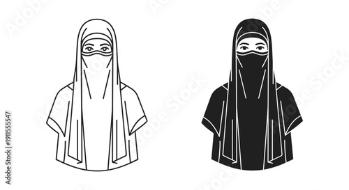 Muslim woman in white and black hijab standing portrait isolated on white background minimalist fashion