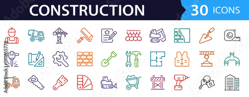 Collection of construction icons representing various tools, equipment, and building elements in a grid layout