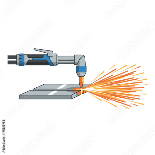 Plasma cutting torch in action, emitting vibrant, hot sparks while cutting through metal plates, a precise industrial process