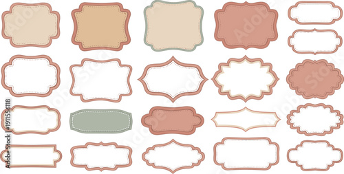 Collection of assorted decorative frames and shapes in various muted colors displayed on a clean white background from a straightforward viewpoint