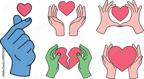 Love Icons Collection: Hands with Hearts, Care Gestures and Emotional Symbol Illustration Graphics