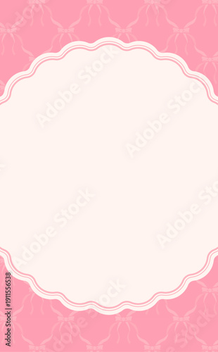 ピンクリボン背景とクリーム色のレースフレーム_縦