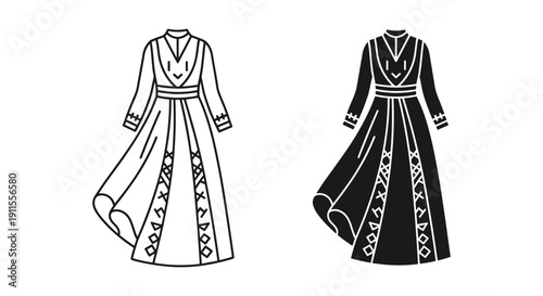 Traditional Georgian Kaba Dress Vector Illustration Black White Ethnic Pattern Fashion Design
