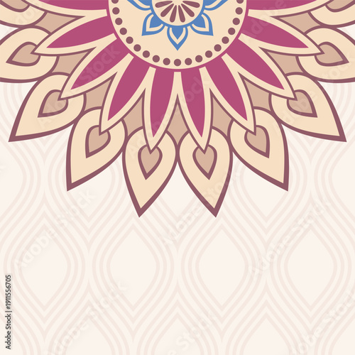 Invitation graphic card with mandala. Vintage decorative elements. Applicable for covers, posters, flyers, cards. Arabic, islam, indian, turkish, chinese, ottoman motifs. Color vector illustration.