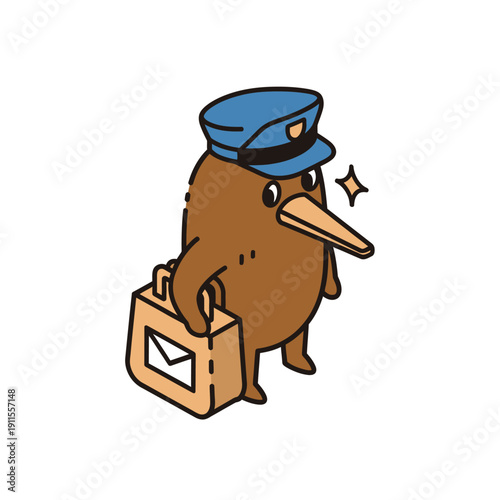 Cute cartoon kiwi bird postman carrying a mail bag.