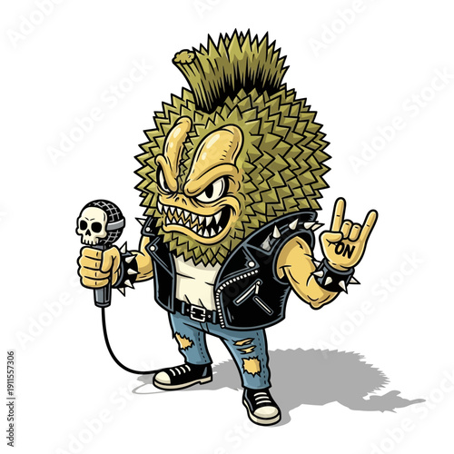 Durian punk rocker cartoon character with microphone and rock hand gesture.