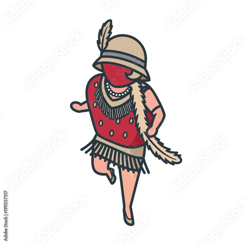 Vintage Flapper Dancer in Red Dress and Feathered Hat.