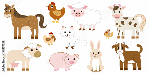 A colorful collection of cartoon farm animals including horses sheep and cats
