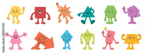 Geometric shapes with cute cartoon faces and funny emotions. Abstract character set of circle, triangle and square figures for kids education. Hexagon, pentagon and trapezoid with hands and legs.