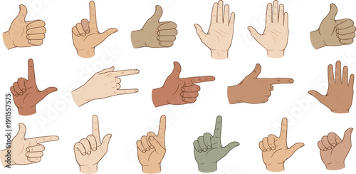 Diverse group of hands pointing and giving thumbs up in various skin tones and gestures from different viewpoints