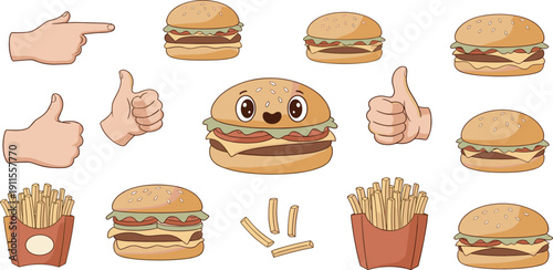 Assorted fast food illustrations including burgers and fries with gesture emojis on a clean background from a straightforward viewpoint