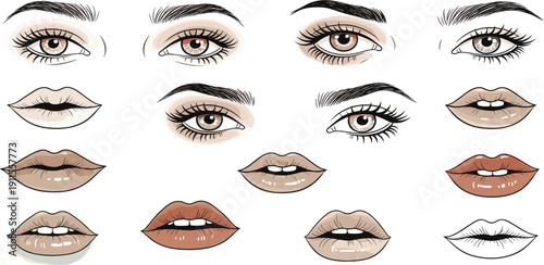 Detailed illustration of various human facial features including eyes and lips from different viewpoints
