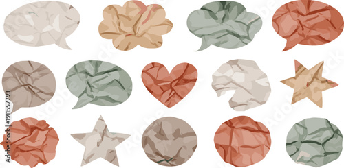 Collection of crumpled paper shapes in various colors arranged in a grid pattern on a clean background